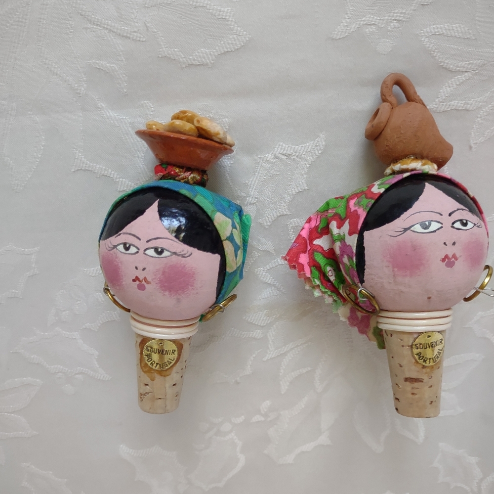 2 vintage wine stoppers handpainted peasant dolls Portugal